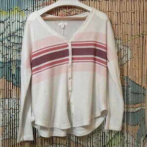 COLSIE, Button Down Waffle Knit Cardigan Sweater, White/Pinks, Women's XL